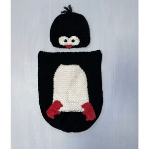Baby Boy Girl Penguin Costume Knit Hat & Body Wrap Black White Halloween 1 Size